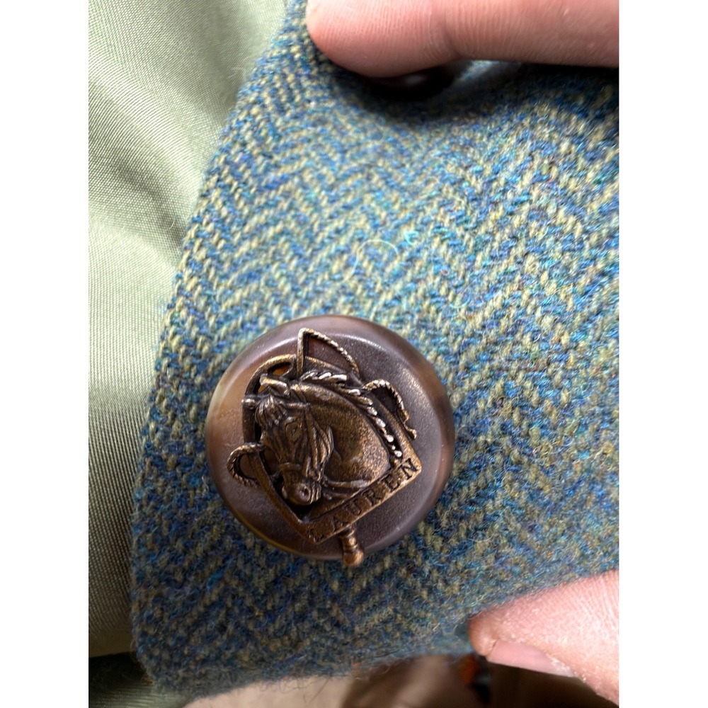 Vintage Lauren Ralph Lauren Petite Wool Blazer Green Herringbone Jacket Size 8P - Picture 8 of 9